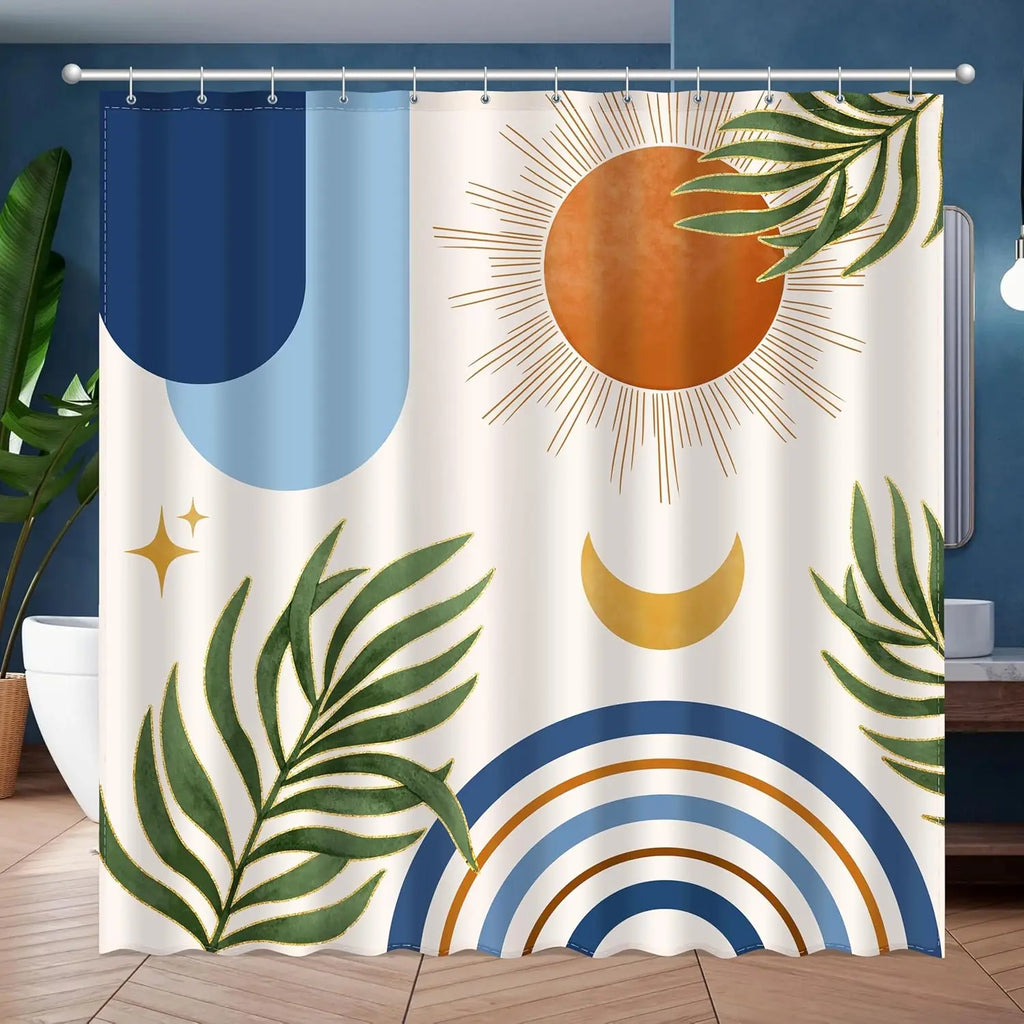 zjl-250616000120 / W300XH180cm Rideau de Douche Étanche – Design Abstrait Soleil & Lune avec Feuilles de Palmier pour Salle de Bain