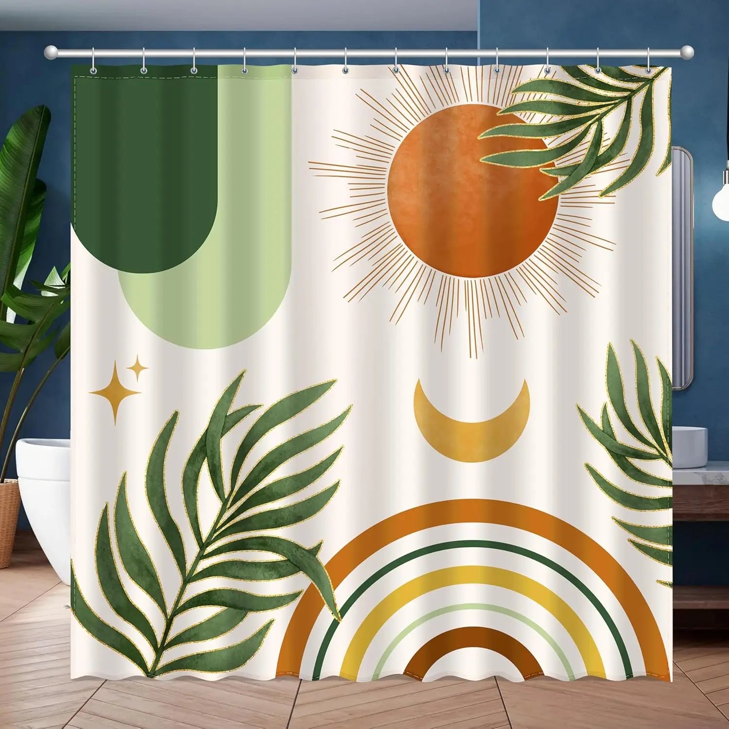 zjl-250616000121 / W300XH180cm Rideau de Douche Étanche – Design Abstrait Soleil & Lune avec Feuilles de Palmier pour Salle de Bain