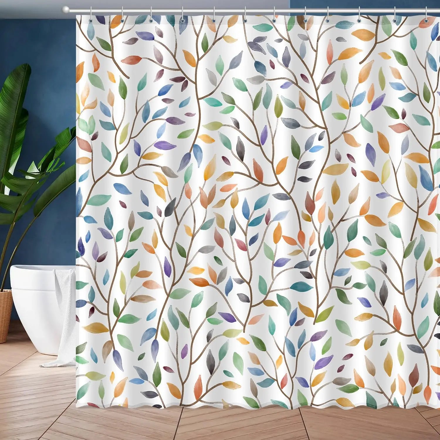 zjl-250616000122 / W90XH180cm Rideau de Douche Étanche – Design Abstrait Soleil & Lune avec Feuilles de Palmier pour Salle de Bain