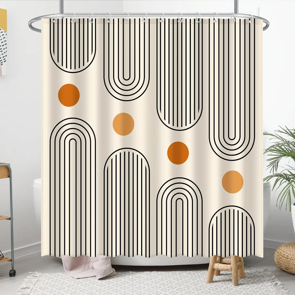 zjl-250616000123 / W300XH180cm Rideau de Douche Étanche – Design Abstrait Soleil & Lune avec Feuilles de Palmier pour Salle de Bain