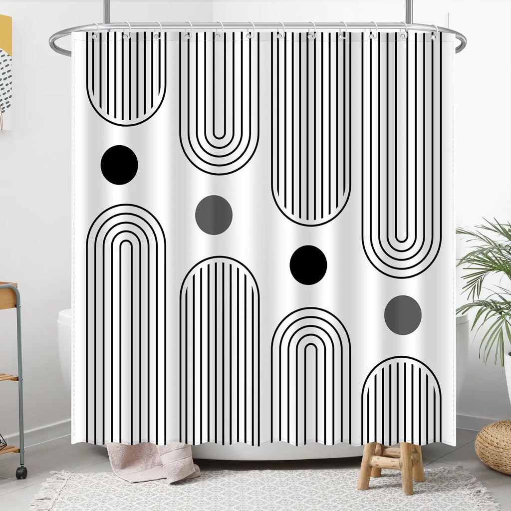 zjl-250616000125 / W300XH180cm Rideau de Douche Étanche – Design Abstrait Soleil & Lune avec Feuilles de Palmier pour Salle de Bain