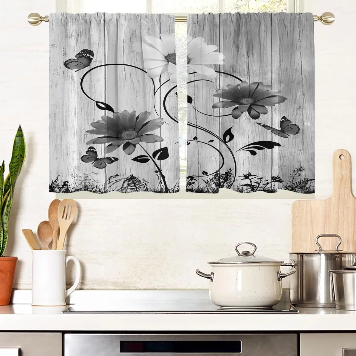 ZQ-2510041912 / 150x250CM-2PC Rideaux Champêtres Rustiques Verts à Fleurs – Motif Marguerites Blanches et Papillons, Style Bohème pour Salon ou Chambre