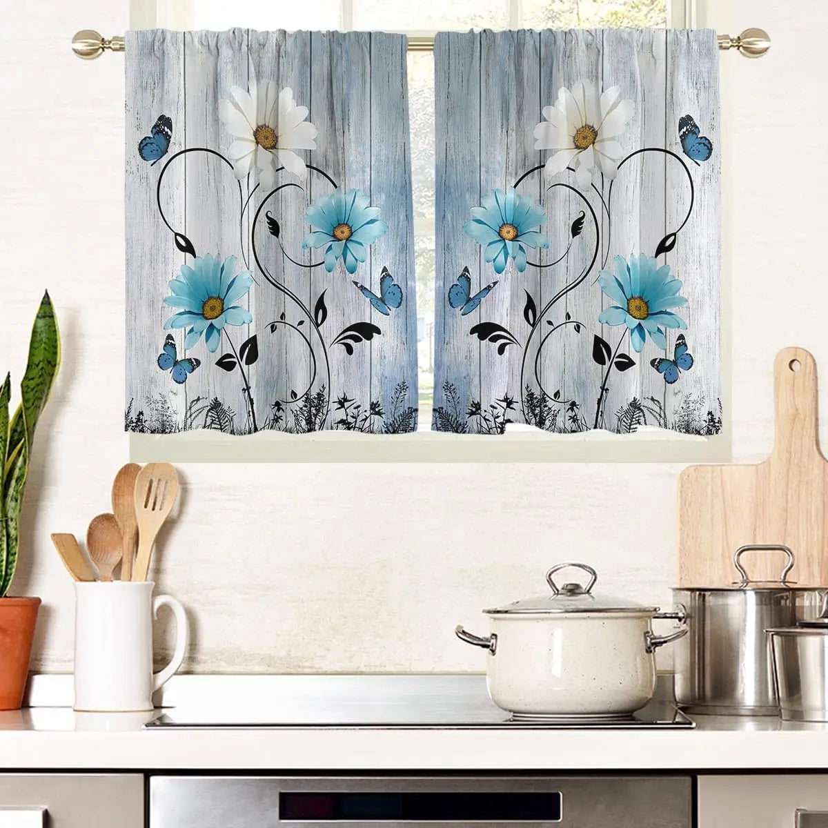 ZQ-2510041913 / 53x116CM-2PC Rideaux Champêtres Rustiques Verts à Fleurs – Motif Marguerites Blanches et Papillons, Style Bohème pour Salon ou Chambre