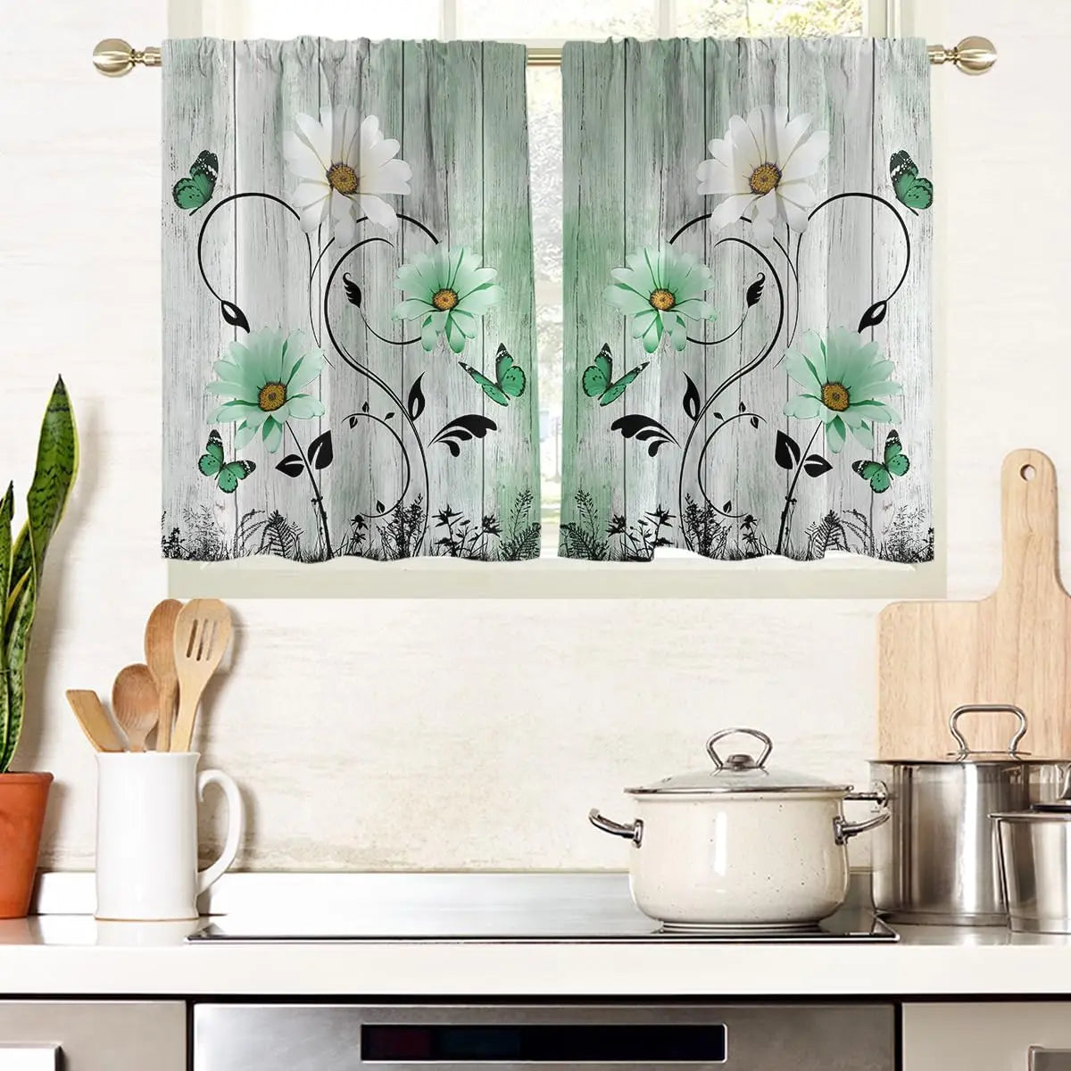 ZQ-2510041914 / 150x250CM-2PC Rideaux Champêtres Rustiques Verts à Fleurs – Motif Marguerites Blanches et Papillons, Style Bohème pour Salon ou Chambre