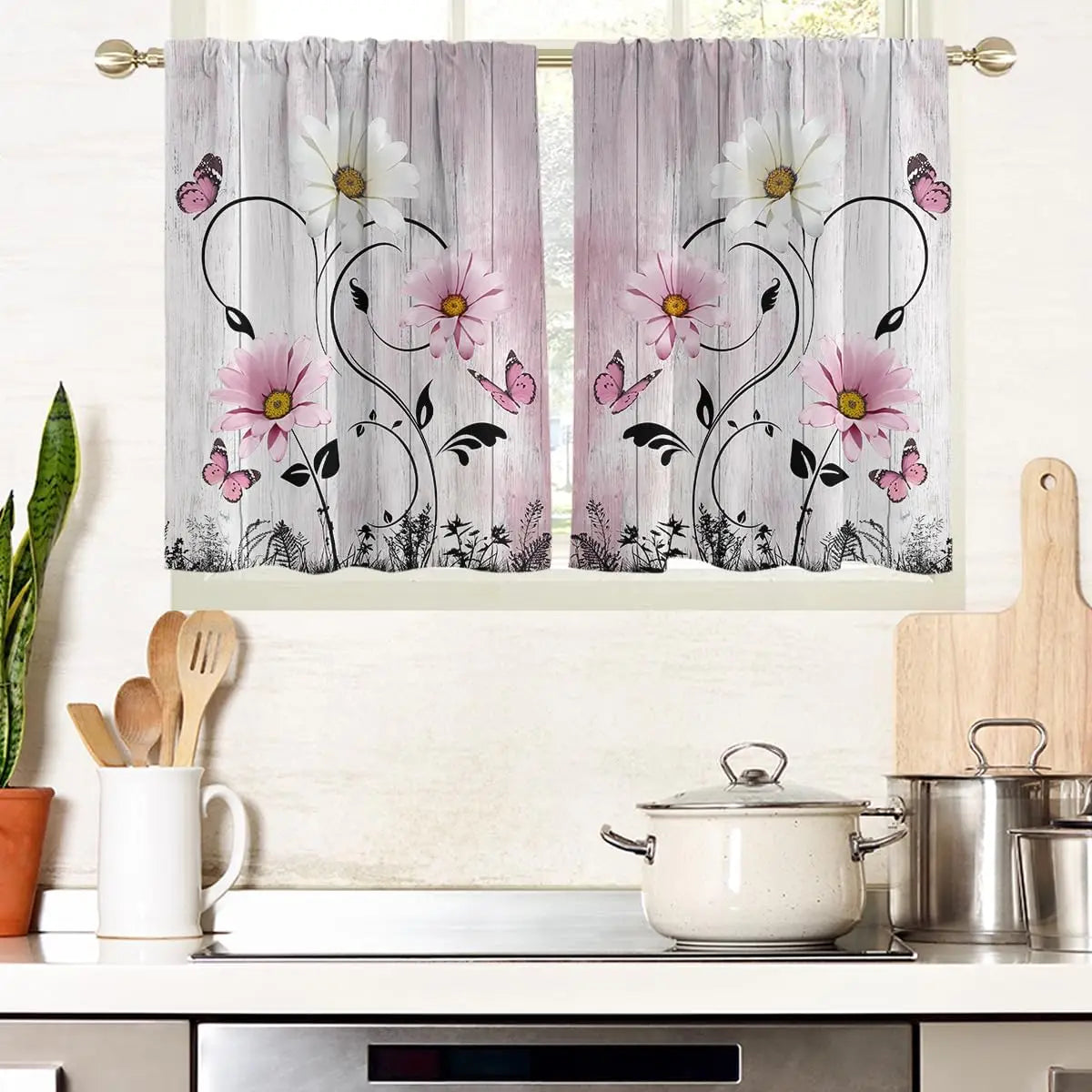 ZQ-2510041915 / 53x116CM-2PC Rideaux Champêtres Rustiques Verts à Fleurs – Motif Marguerites Blanches et Papillons, Style Bohème pour Salon ou Chambre