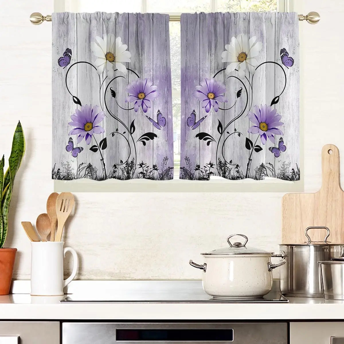 ZQ-2510041916 / 150x250CM-2PC Rideaux Champêtres Rustiques Verts à Fleurs – Motif Marguerites Blanches et Papillons, Style Bohème pour Salon ou Chambre