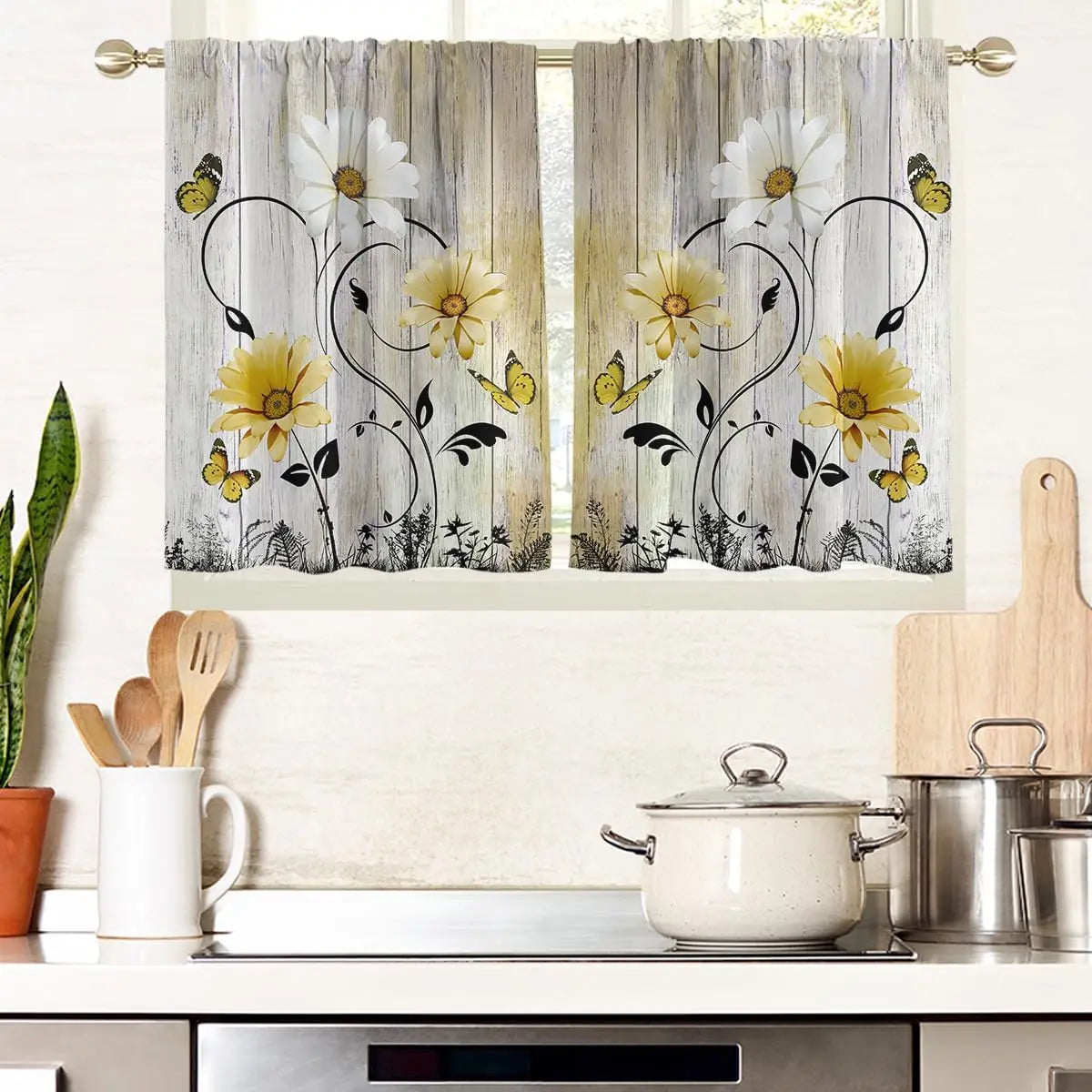 ZQ-2510041918 / 150x250CM-2PC Rideaux Champêtres Rustiques Verts à Fleurs – Motif Marguerites Blanches et Papillons, Style Bohème pour Salon ou Chambre