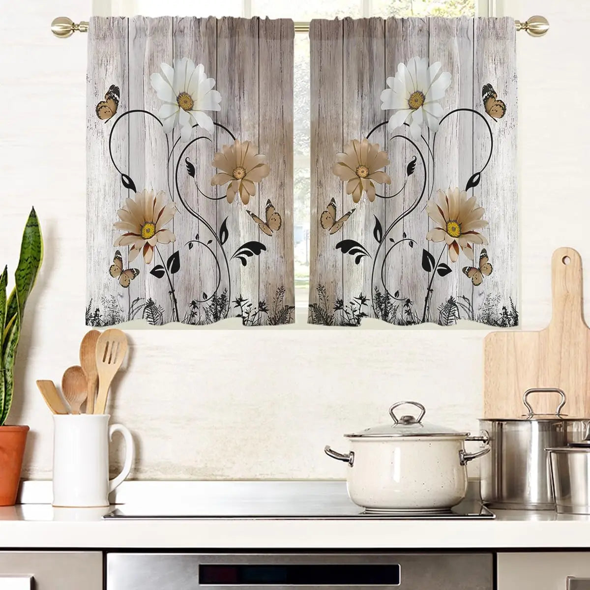 ZQ-2510041919 / 53x116CM-2PC Rideaux Champêtres Rustiques Verts à Fleurs – Motif Marguerites Blanches et Papillons, Style Bohème pour Salon ou Chambre