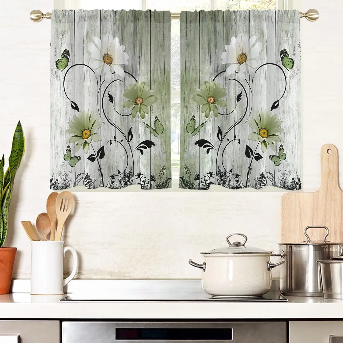 ZQ-2510041920 / 150x250CM-2PC Rideaux Champêtres Rustiques Verts à Fleurs – Motif Marguerites Blanches et Papillons, Style Bohème pour Salon ou Chambre