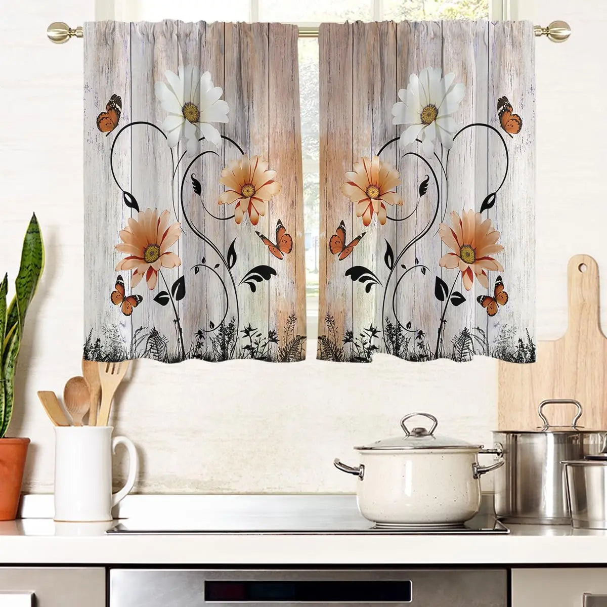 ZQ-2510041921 / 53x116CM-2PC Rideaux Champêtres Rustiques Verts à Fleurs – Motif Marguerites Blanches et Papillons, Style Bohème pour Salon ou Chambre