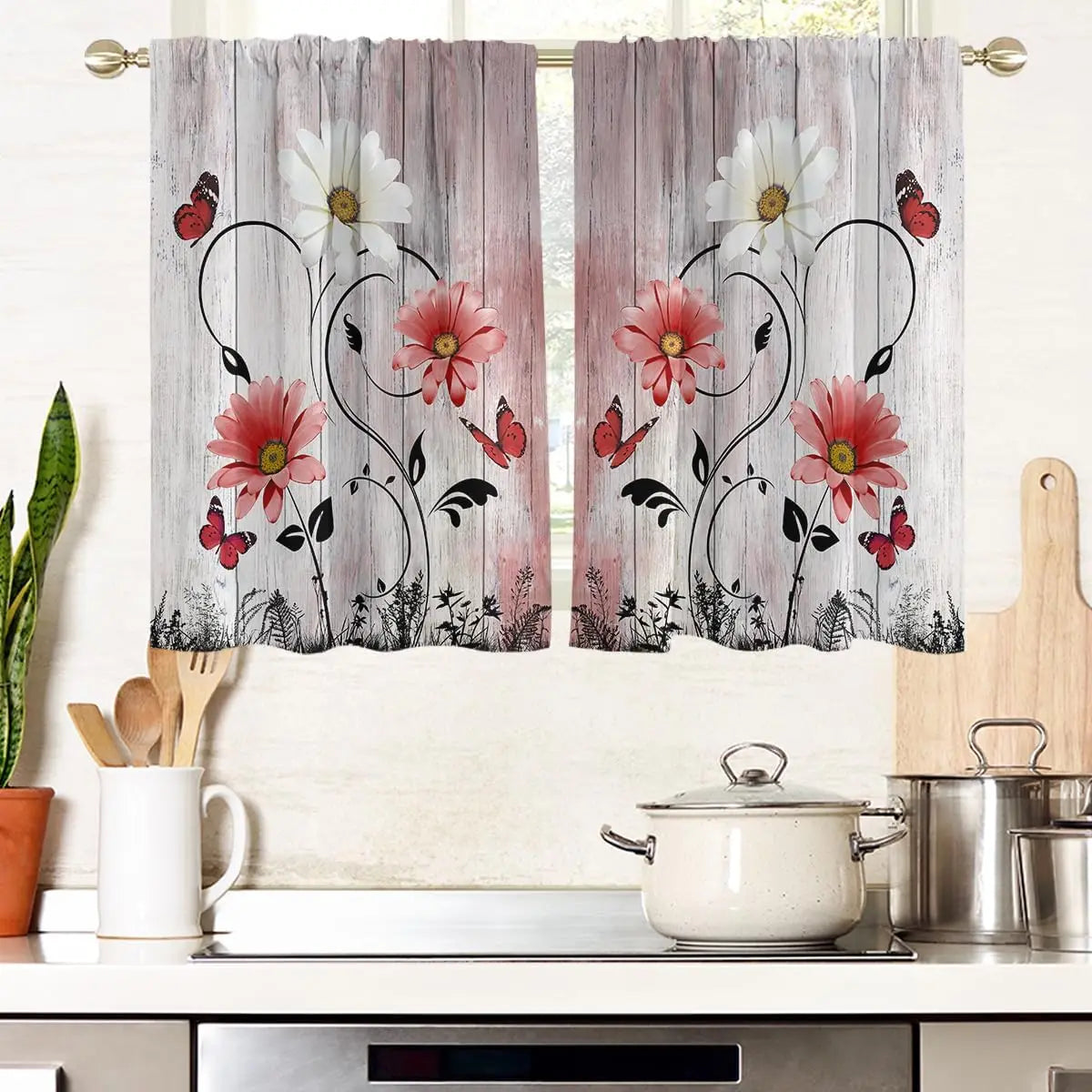 ZQ-2510041922 / 150x250CM-2PC Rideaux Champêtres Rustiques Verts à Fleurs – Motif Marguerites Blanches et Papillons, Style Bohème pour Salon ou Chambre