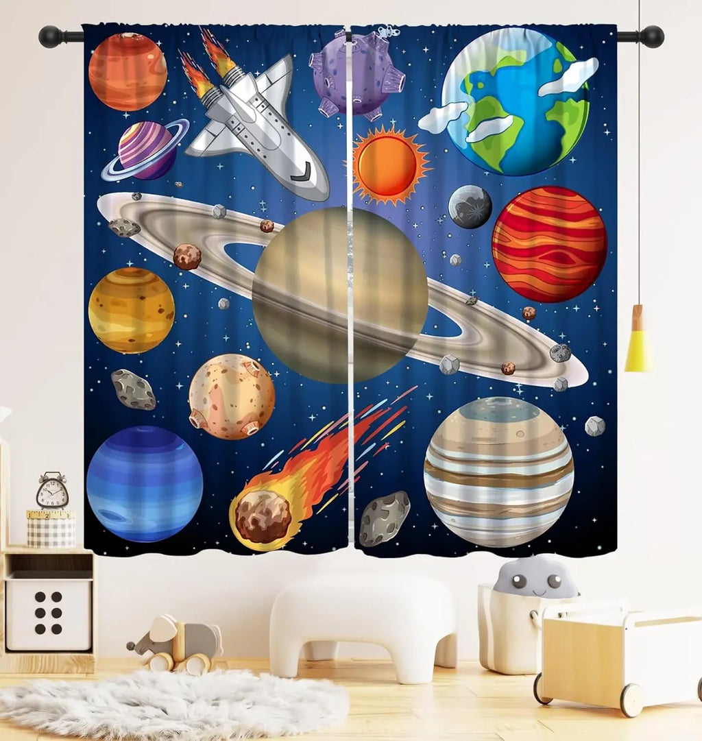 ZQ-2510071494 / 76x165CM-2PC Rideaux Enfant Thème Espace – Astronaute & Planètes, Occultants, Décoration Chambre
