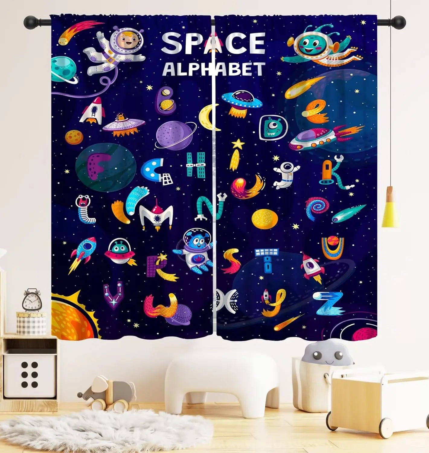 ZQ-2510071507 / 76x165CM-2PC Rideaux Enfant Thème Espace – Astronaute & Planètes, Occultants, Décoration Chambre