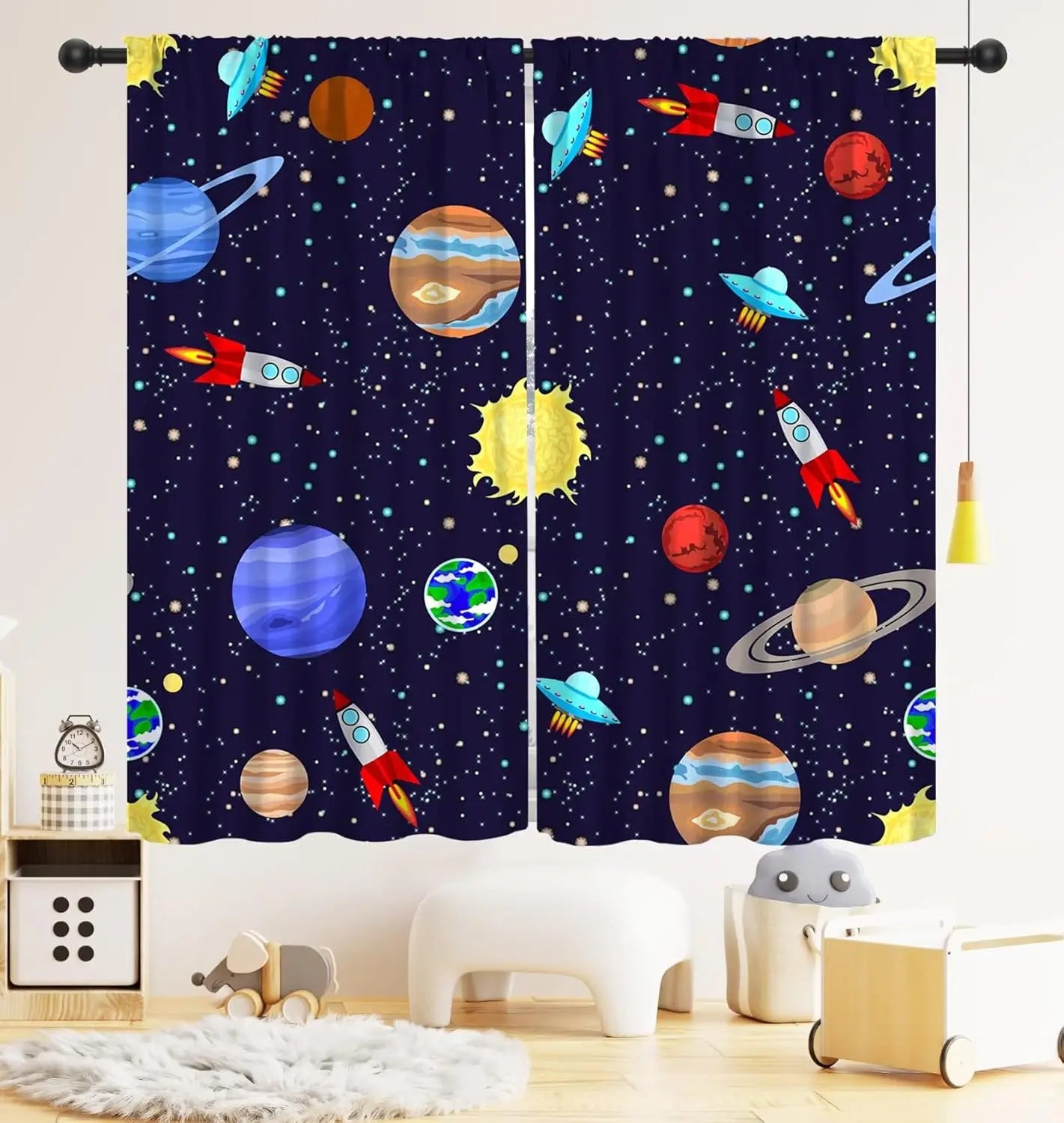 ZQ-2510071509 / 76x165CM-2PC Rideaux Enfant Thème Espace – Astronaute & Planètes, Occultants, Décoration Chambre