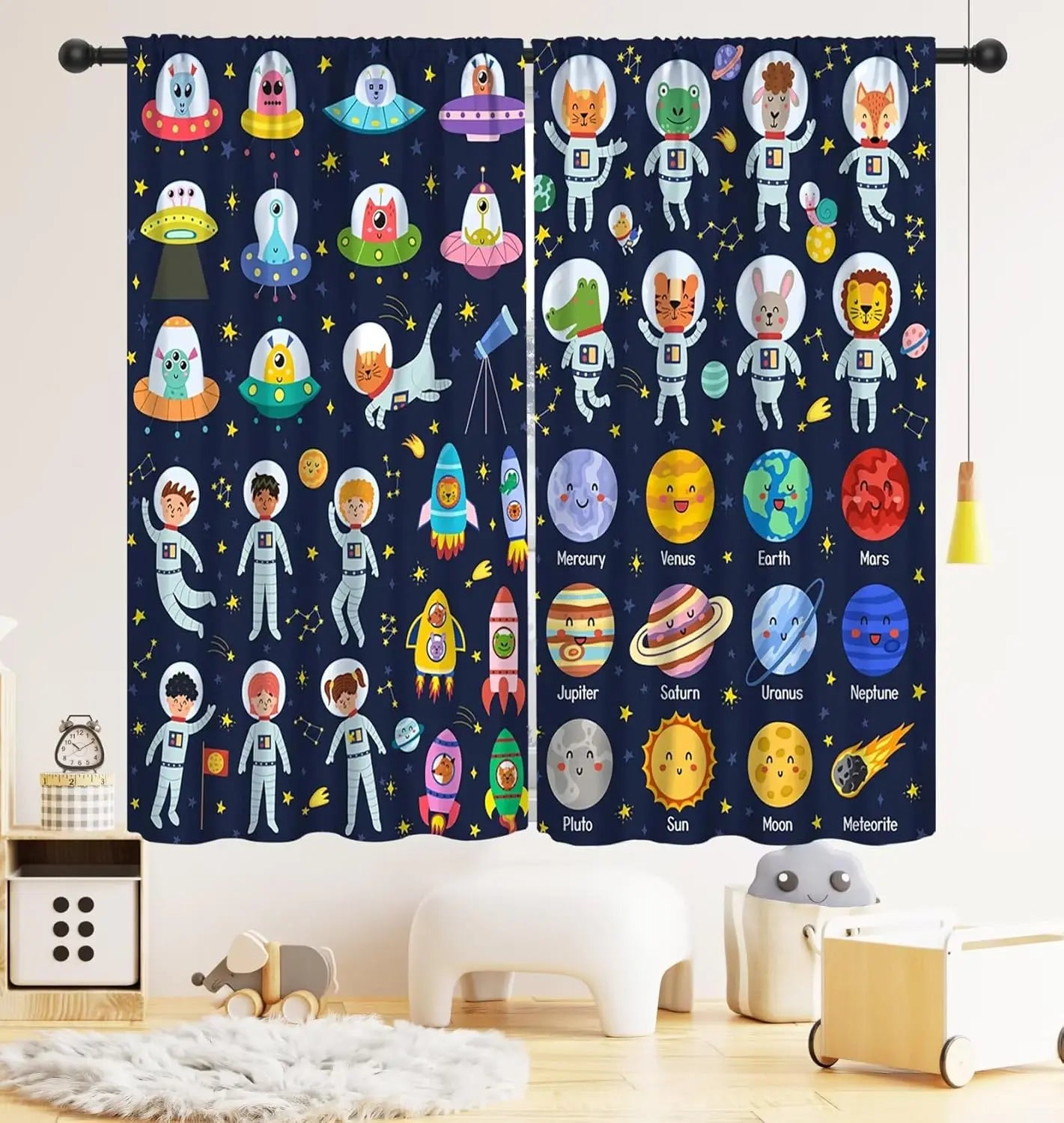 ZQ-2510071510 / 76x165CM-2PC Rideaux Enfant Thème Espace – Astronaute & Planètes, Occultants, Décoration Chambre