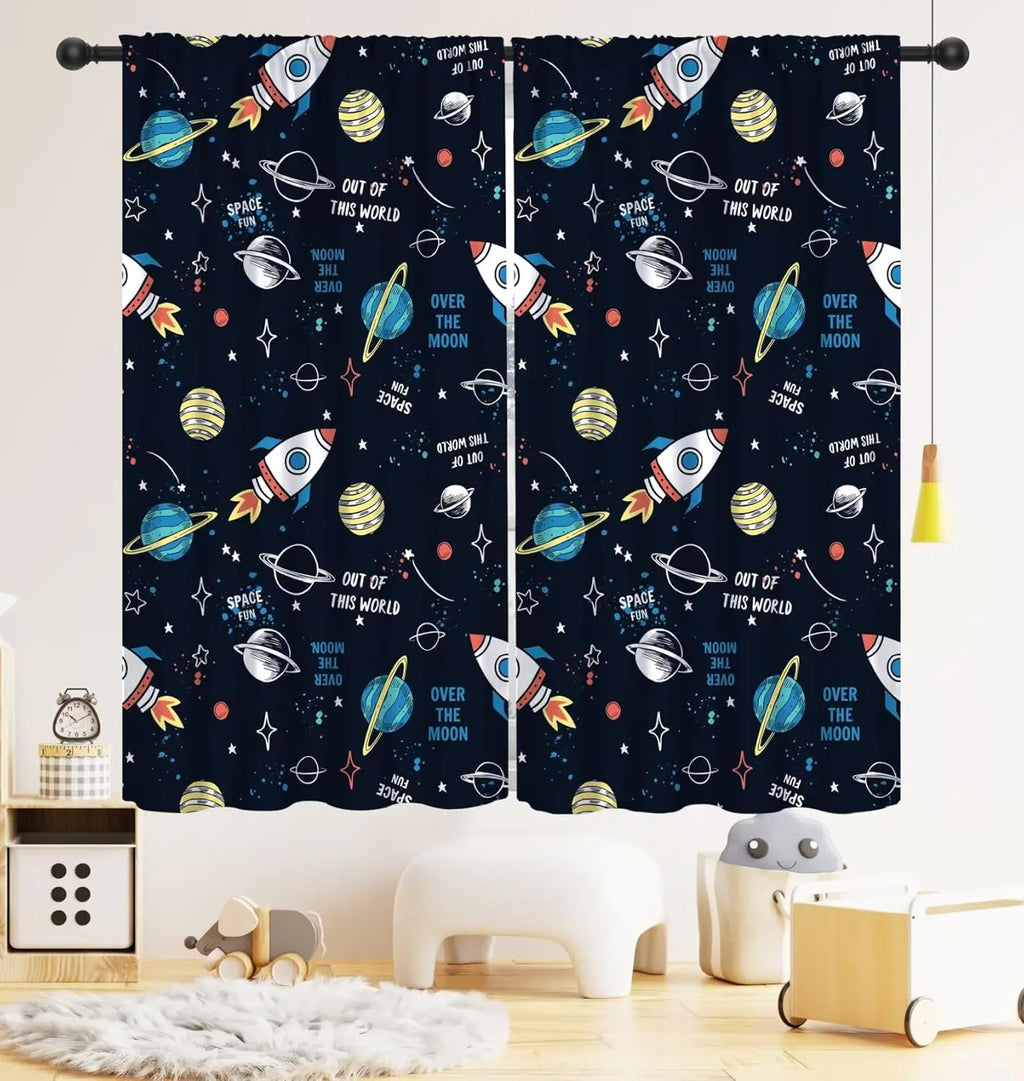 ZQ-2510071511 / 76x165CM-2PC Rideaux Enfant Thème Espace – Astronaute & Planètes, Occultants, Décoration Chambre
