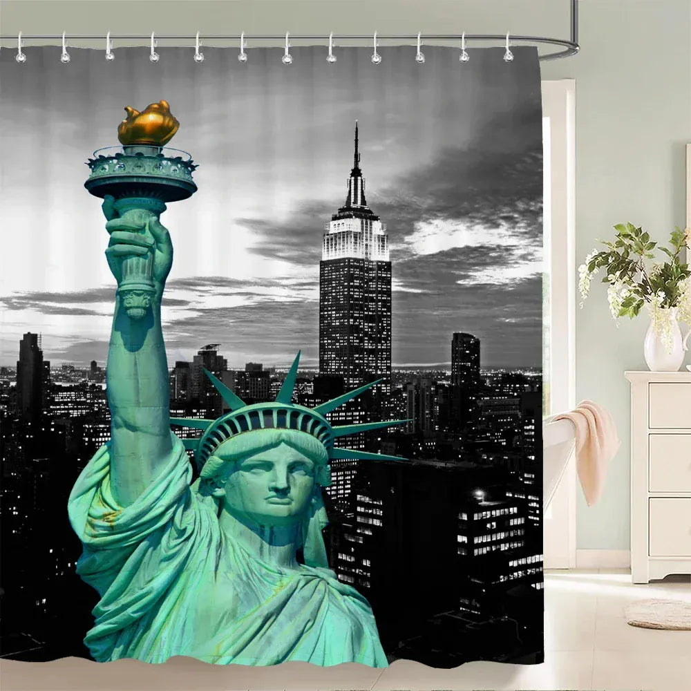 zy-250603010391 / W90xH180cm Rideau de Douche Statue de la Liberté – Style Américain, Imprimé Haute Qualité, Tissu Polyester Étanche